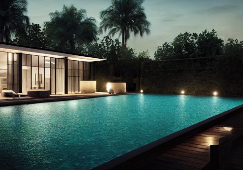 Beautiful tropical beach front hotel resort with swimming pool, paradise destination for vacations. Generative AI illustration