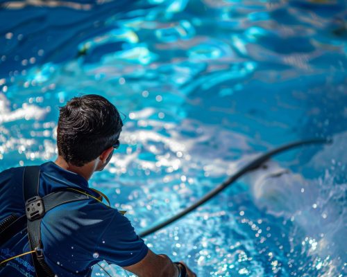 Pool maintenance, swimming pool cleaner, man in blue shirt with cleaning equipment, hotel service, water cleaning, generative ai illustration